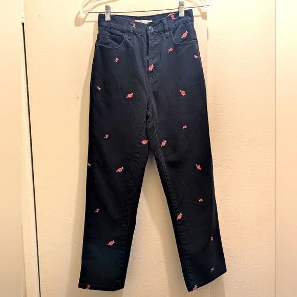 PacSun Rose Embroidered Black High Rise Mom Jeans Straight Ankle Length- 24 - Picture 5 of 13